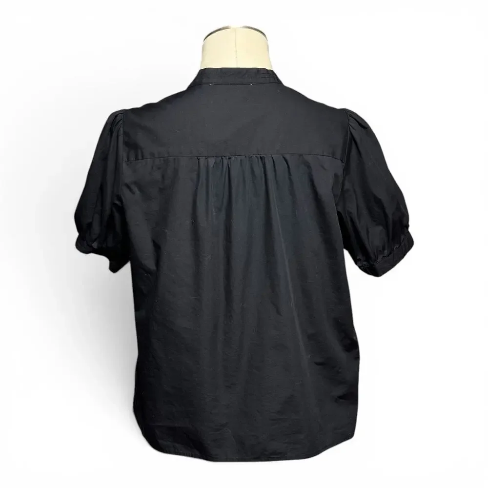 Nine West Cotton Puff Sleeve V-Neck Button Up Blouse Top Black Large - Picture 4 of 6